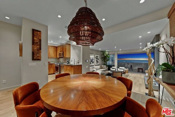 Chandelier, Dining room, Interior, Kitchen, Living room, Recessed Lighting, Water, Wood Texture Flooring