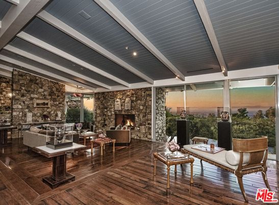 Fireplace, Interior, Living room, Pendant Lights, Stone Walls, Wood Texture Flooring