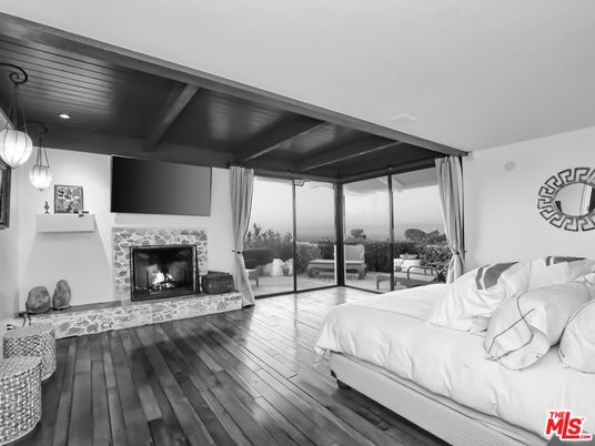 Bedroom, Fireplace, Interior, Pendant Lights, Recessed Lighting, Wooden Beams, Wooden Ceilings, Wood Texture Flooring