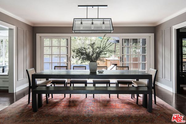 Dining room, Interior, Pendant Lights, Wood Texture Flooring