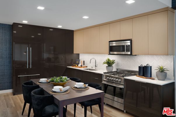 Dining room, Interior, Kitchen, Recessed Lighting, Stainless Steel Appliances, Wood Texture Flooring