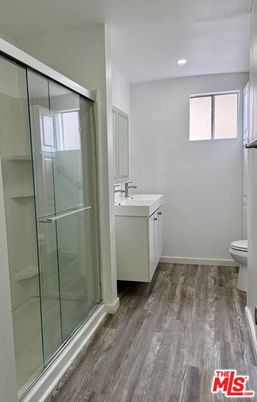 Bathroom, Glass Shower, Interior, Recessed Lighting, Wood Texture Flooring