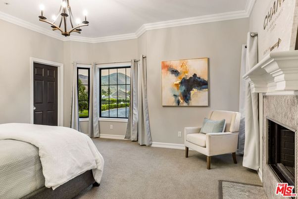 Bedroom, Chandelier, Fireplace, Interior