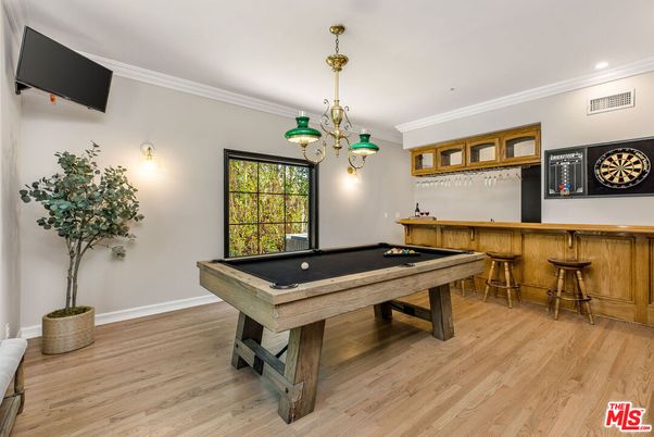Billiard Table, Game Room, Interior, Pendant Lights, Recessed Lighting, Wood Texture Flooring