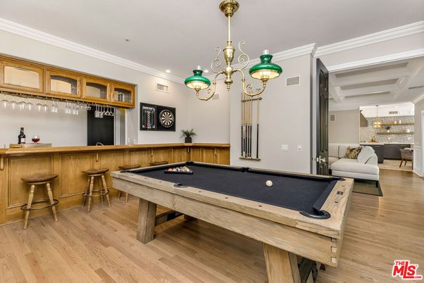 Billiard Table, Chandelier, Game Room, Interior, Pendant Lights, Recessed Lighting, Wood Texture Flooring