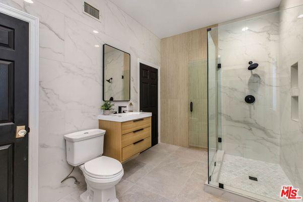 Bathroom, Glass Shower, Interior, Marble Walls, Recessed Lighting