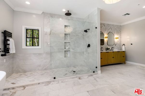 Bathroom, Glass Shower, Interior, Marble, Marble Walls, Recessed Lighting