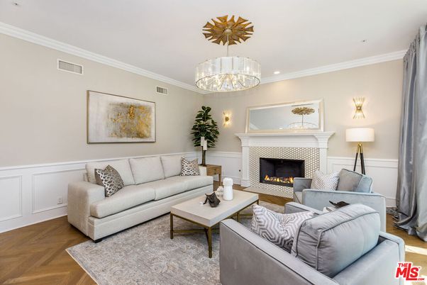 Chandelier, Fireplace, Interior, Living room, Recessed Lighting, Wood Texture Flooring