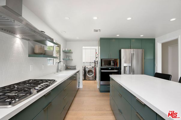 Interior, Kitchen, Recessed Lighting, Stainless Steel Appliances, Washer, Wood Texture Flooring