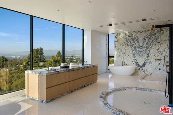 Bathroom, Dual Sink Vanities, Free Standing Baths, Interior, Marble Walls, Recessed Lighting