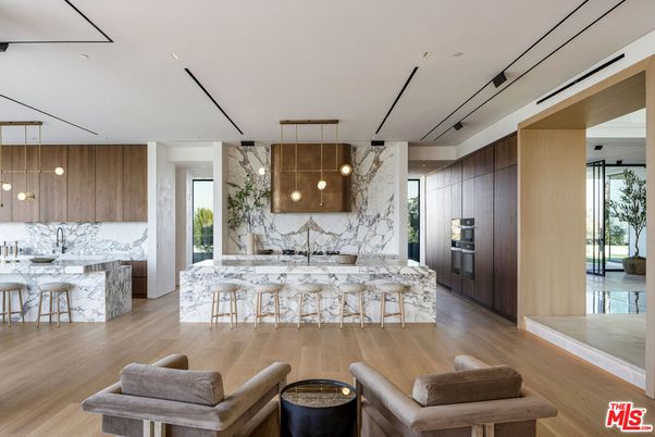 Interior, Kitchen, Marble Walls, Pendant Lights, Recessed Lighting, Stainless Steel Appliances, Wood Texture Flooring