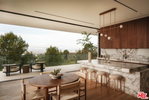 Dining room, Interior, Marble Walls, Pendant Lights, Wood Texture Flooring