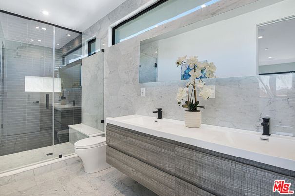Bathroom, Glass Shower, Interior, Marble, Marble Walls, Recessed Lighting