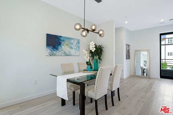 Dining room, Interior, Pendant Lights, Recessed Lighting, Wood Texture Flooring
