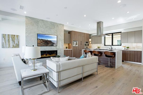 Fireplace, Interior, Kitchen, Living room, Marble Walls, Recessed Lighting, Wood Texture Flooring