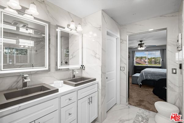 Bathroom, Bedroom, Dual Sink Vanities, Interior, Marble, Marble Walls, Recessed Lighting