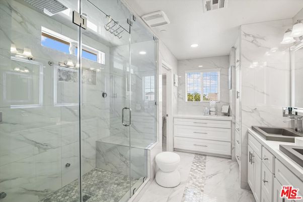 Bathroom, Glass Shower, Interior, Marble, Marble Walls, Recessed Lighting