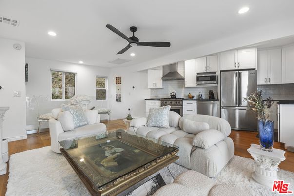 Interior, Kitchen, Living room, Recessed Lighting, Stainless Steel Appliances, Wood Texture Flooring