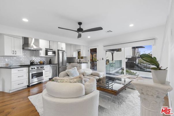 Interior, Kitchen, Living room, Recessed Lighting, Stainless Steel Appliances, Wood Texture Flooring