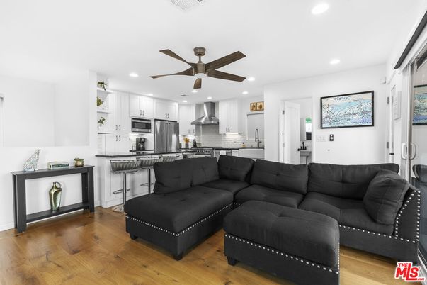 Interior, Kitchen, Living room, Recessed Lighting, Stainless Steel Appliances, Wood Texture Flooring
