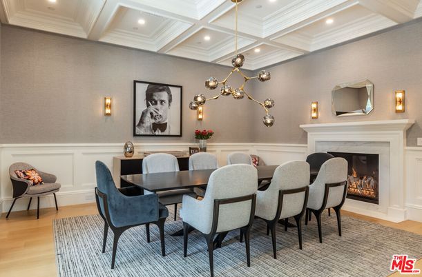 Dining room, Fireplace, Interior, Pendant Lights, Recessed Lighting, Wood Texture Flooring