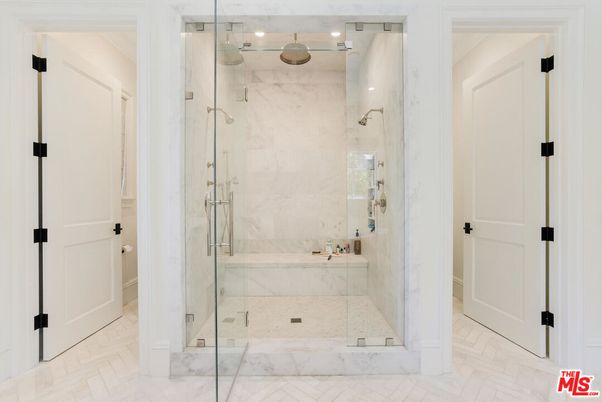 Bathroom, Glass Shower, Interior, Marble, Marble Walls, Recessed Lighting, Wood Texture Flooring