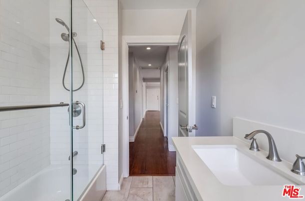 Bathroom, Glass Shower, Interior, Marble, Recessed Lighting, Wood Texture Flooring