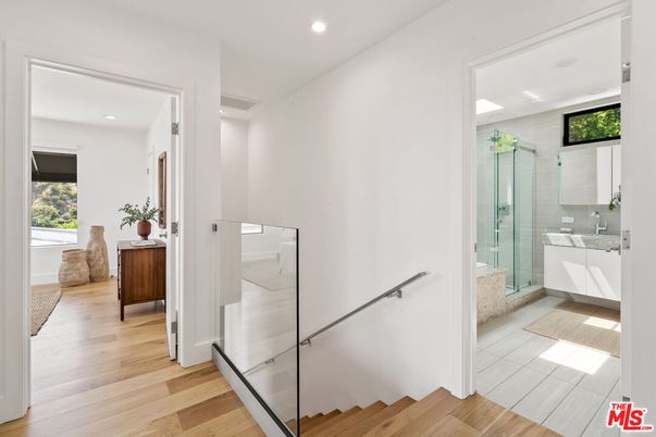 Bathroom, Glass Shower, Interior, Recessed Lighting, Wood Texture Flooring
