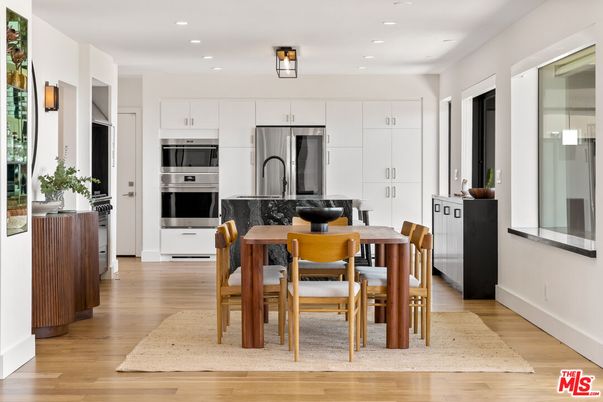 Dining room, Interior, Kitchen, Recessed Lighting, Stainless Steel Appliances, Wood Texture Flooring