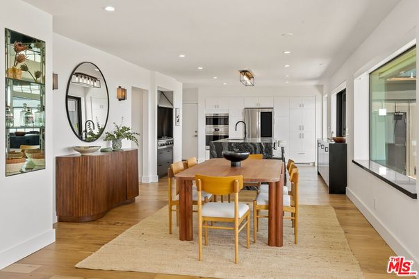 Dining room, Interior, Kitchen, Recessed Lighting, Stainless Steel Appliances, Wood Texture Flooring