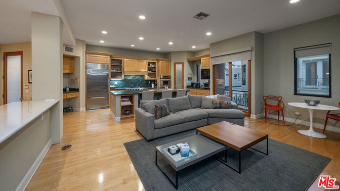 Dining room, Interior, Kitchen, Living room, Recessed Lighting, Stainless Steel Appliances, Wood Texture Flooring