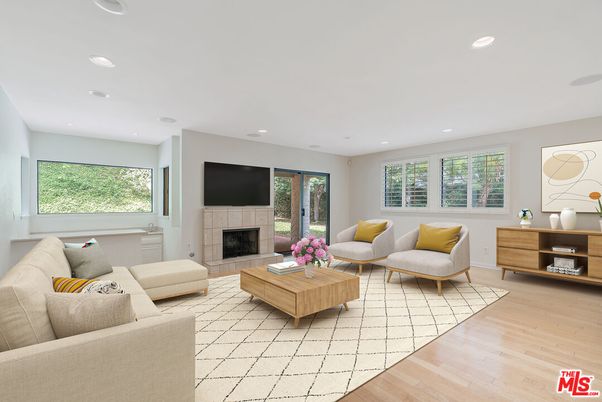 Fireplace, Interior, Living room, Recessed Lighting, Wood Texture Flooring