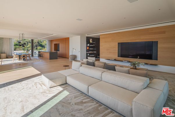 Dining room, Interior, Living room, Pendant Lights, Recessed Lighting, Wood Texture Flooring, Wooden Walls