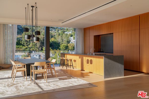Dining room, Interior, Pendant Lights, Recessed Lighting, Wood Texture Flooring