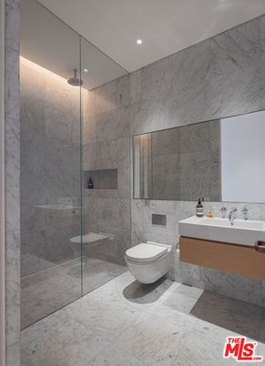 Bathroom, Glass Shower, Interior, Marble, Marble Walls, Recessed Lighting