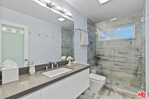 Bathroom, Glass Shower, Interior, Wood Texture Flooring