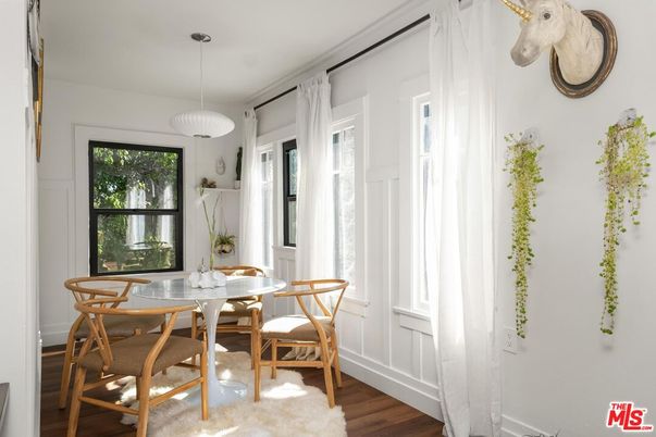 Dining room, Interior, Pendant Lights, Wood Texture Flooring
