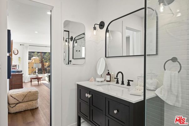 Bathroom, Dual Sink Vanities, Interior, Recessed Lighting, Wood Texture Flooring