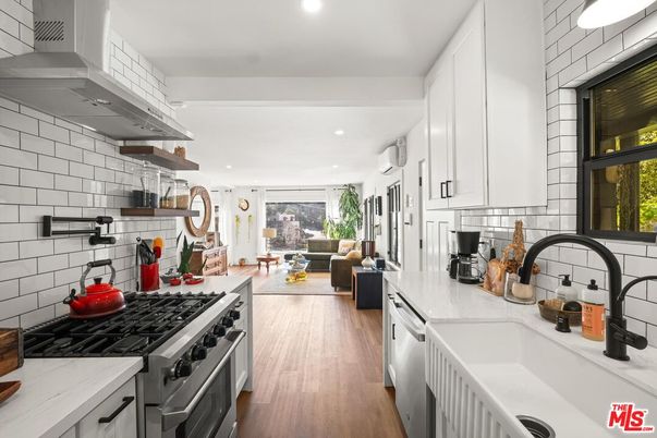 Interior, Kitchen, Living room, Recessed Lighting, Stainless Steel Appliances, Wood Texture Flooring