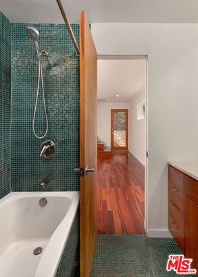 Bathroom, Glass Shower, Interior, Recessed Lighting, Wood Texture Flooring