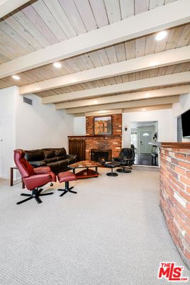 Fireplace, Interior, Living room, Recessed Lighting, Stone Walls, Wooden Beams, Wooden Ceilings