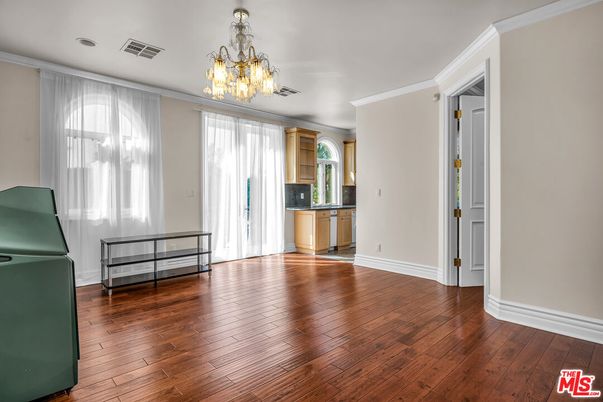Chandelier, Empty room, Interior, Kitchen, Wood Texture Flooring