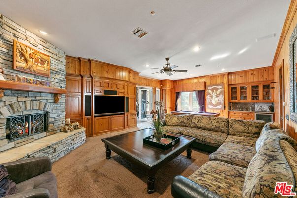 Fireplace, Interior, Living room, Recessed Lighting, Stone Walls, Wooden Walls