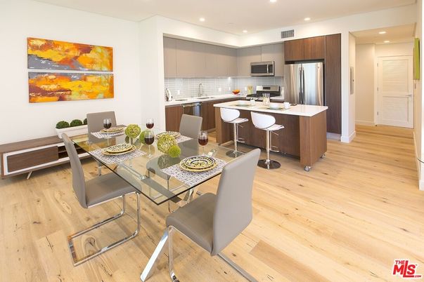 Dining room, Interior, Kitchen, Recessed Lighting, Stainless Steel Appliances, Wood Texture Flooring