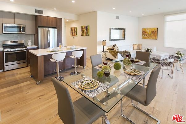 Dining room, Interior, Kitchen, Recessed Lighting, Stainless Steel Appliances, Wood Texture Flooring