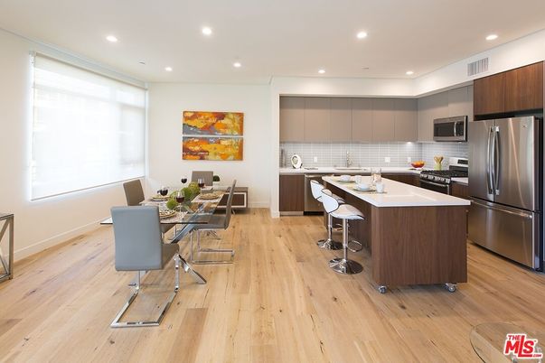 Dining room, Interior, Kitchen, Recessed Lighting, Stainless Steel Appliances, Wood Texture Flooring