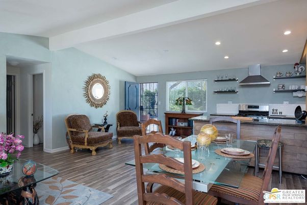 Dining room, Interior, Kitchen, Living room, Recessed Lighting, Stainless Steel Appliances, Wood Texture Flooring