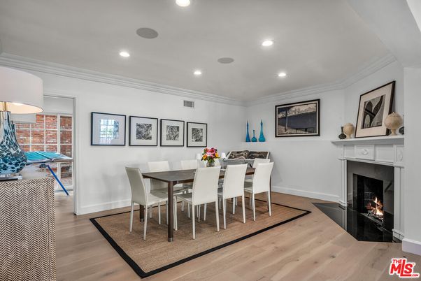 Dining room, Fireplace, Interior, Recessed Lighting, Wood Texture Flooring