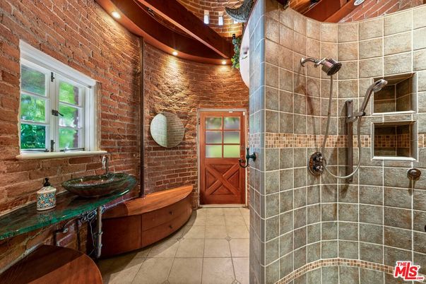 Bathroom, Interior, Recessed Lighting, Stone Walls