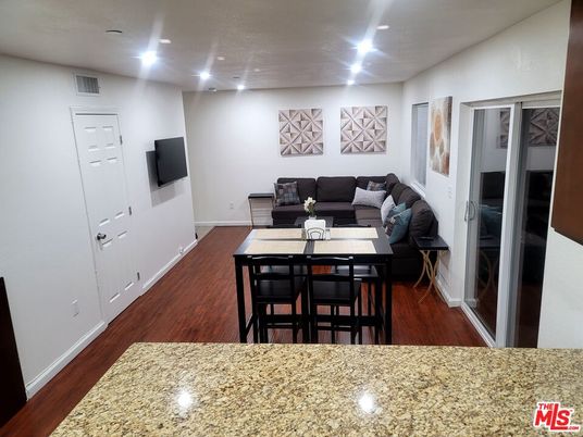 Dining room, Interior, Living room, Recessed Lighting, Wood Texture Flooring